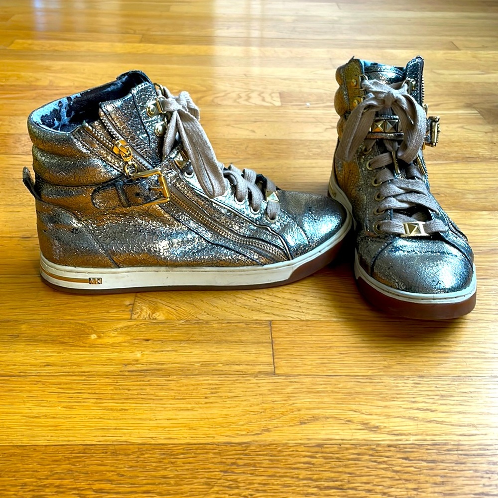 MK Michael Kors gold metallic high top sneakers